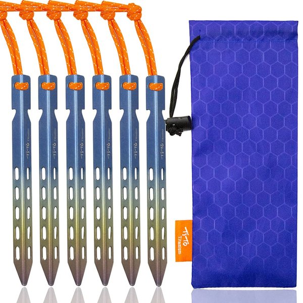 TiTo 6 Pack Titanium Tent Stakes 10X10X160mm V-Shaped Windproof Tent Nail Pegs with Carrying Pouch for Camping, Hiking, Gardening and Canopy (Colorful,10X160mm)