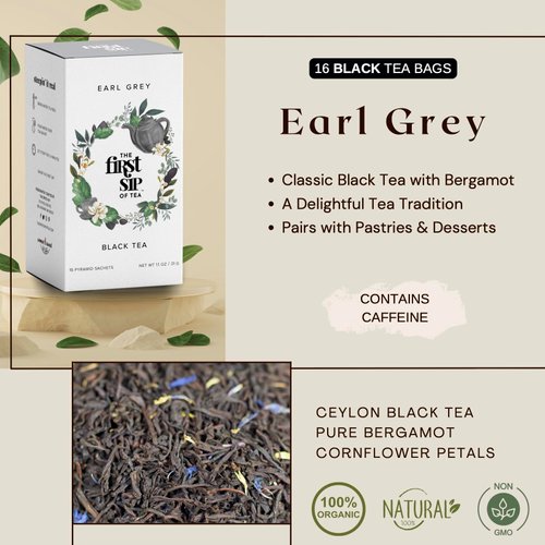 Earl Grey Tea Bags, Pure Bergamot Oil, Caffeinated Black Tea w/ Subtle Citrus, Natural - 16 Cups | The Spice Hut, First Sip