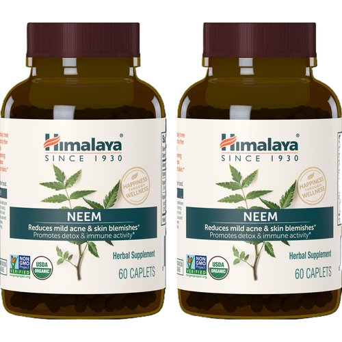 Himalaya Organic Neem Herbal Supplement, for Mild Acne & Clear Skin, Purifying, Ayurvedic, USDA Certified Organic, Non-GMO, Vegan, 600 mg, 60 Plant Based Caplets, 2 Pack