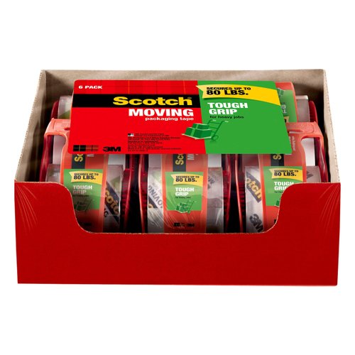 Scotch Tough Grip Moving Packing Tape, Clear, Moving Tape That Secures Boxes up to 80 Pounds, Moving Supplies, 1.88 in. x 22.2 yd., 6 Tape Rolls with Dispensers