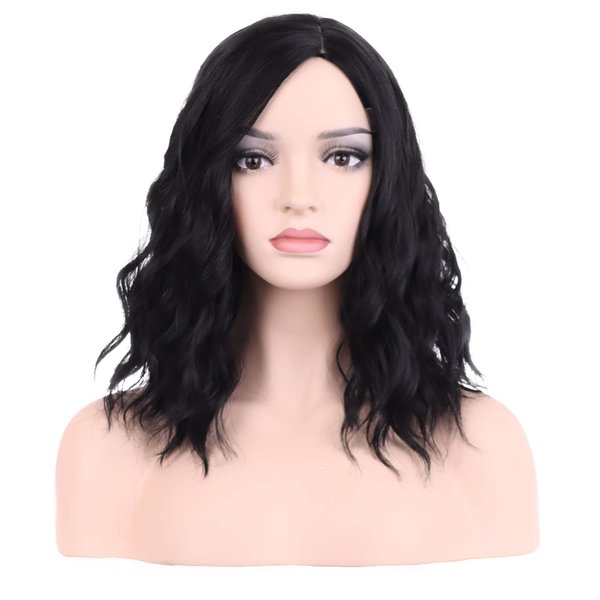 incohair 14 Inches Black Wig Women Girls Short Curly Wavy Bob Wig Side Part Synthetic Halloween Costume Party Daily Wigs (Black)