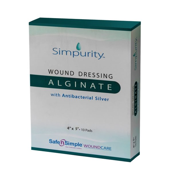 Simpurity Alginate Wound Dressing First Aid with Antimicrobial Silver, 4" x 5", Box of 10 - Calcium Alginate Dressing