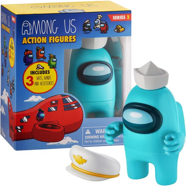 P.M.I. Among Us Action Figure | One of Four 4.5-Inch-Tall Collectibles | Among Us Toys and Playable Mini Toys | Cyan Crewmate in The White Folded Hat with Hidden Hat and Hands