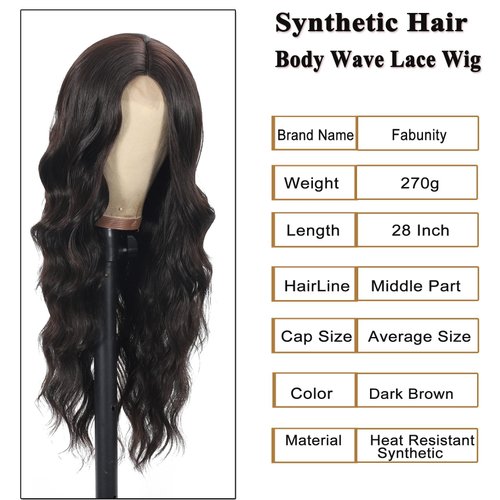 Fabunity Synthetic Lace Front Body Wave Middle Part Wig 28 Inch Lace Front Wigs Dark Brown Long Colored Wigs for Women (Dark Brown)
