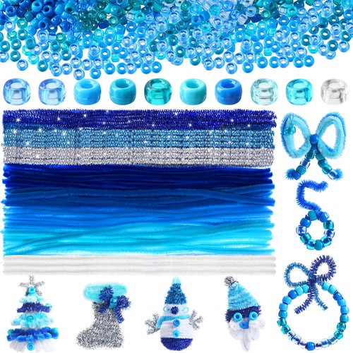 Daifunli 1200 Pcs Winter Blue Pony Beads Bulk with 120 Pieces 12 Inch Multi Colored Pipe Cleaners Chenille Stems Fuzzy Sticks Blue Seed Beads for Bracelets Jewelry Making Winter Christmas Decorations