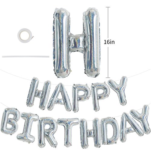 TONIFUL Laser Silver Happy Birthday Balloon Banner 16 Inch Mylar Foil Letters Birthday Sign Bunting Reusable for Girls Boys Kids & Adults Birthday Decorations and Party Supplies