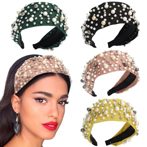 Yovic Pearl Beaded Headbands Pink Wide Hairbands Pearls Bead Headband Dainty Headpiece Hair Accessories for Women 1PCS (Pink)