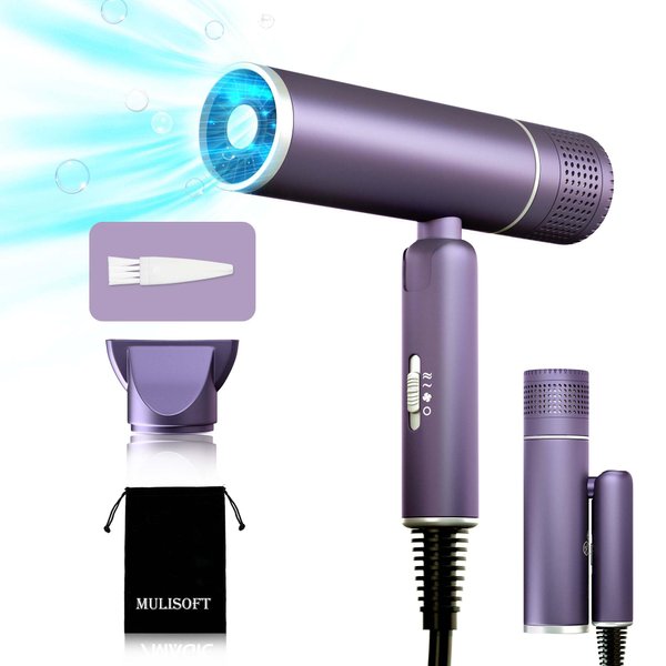 Hair Dryer for Women, Travel Hair Dryer, Powerful Ionic BlowDryer for Fast Drying, Lightweight Portable HairDryer, 3 Temperature 2 Speed Settings, Folding Handle for Compact with Storage Bag, Purple