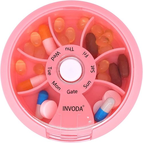 Pill Organizer Small Pill Case 7 Day Portable Travel Pill Box Cute Daily Pill Container for Medicine Fish Oil Supplements Vitamin Case (Pink+Bag)