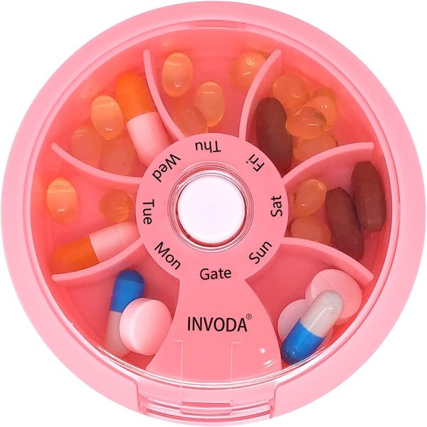 Pill Organizer Small Pill Case 7 Day Portable Travel Pill Box Cute Daily Pill Container for Medicine Fish Oil Supplements Vitamin Case (Pink+Bag)