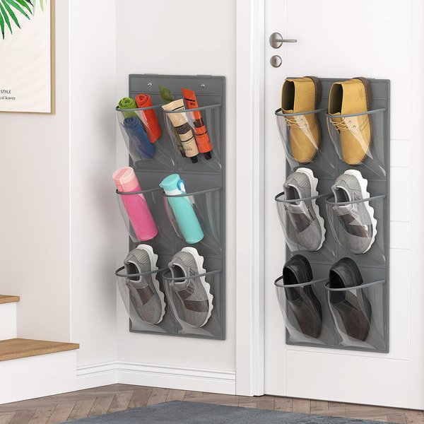 DEYILIAN 2 Pack 12 Over the Door Shoe Organizer, Closet Door Hanging Shoe Rack Crystal Pockets Narrow Shoe Holder with Adhesive Strips, Wall Mounted Shoes Rack for Camper RV No Drilling