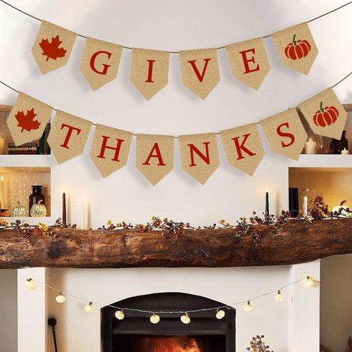 Thanksgiving Decorations, Burlap Give Thanks Banner, Pre-strung Thanksgiving Banner Burlap Fall Decorations for Home Office Thanksgiving Door Decorations Wall Decor Party Supplies Autumn Fall Decor
