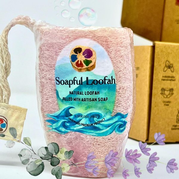 Soapful Loofah - Natural Loofah Sponge Filled with Lavender Eucalyptus Scented Handmade Natural Glycerin soap - Soap Bar Loofah - Loofah Exfoliating Body Scrubber - Shower Loofah