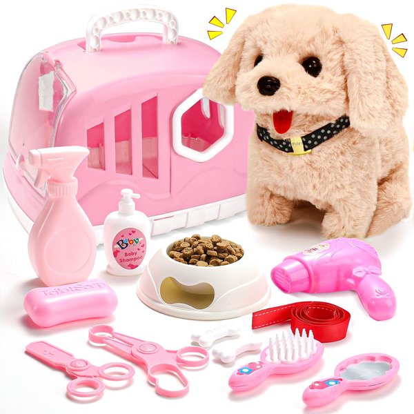 Volmop 14PCS Dog Toys for Kids, Walking Barking Electronic Interactive Plush Puppy Toy with Carrier and Accessories, Pet Care Toy Set for Kids, for Girls and Boys 3 4 5 6+ Year Old