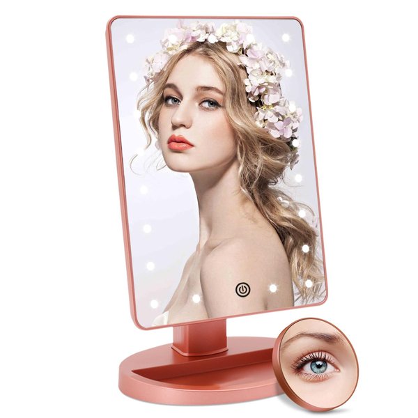 COSMIRROR Lighted Makeup Vanity Mirror with 10X Magnifying Mirror, 21 LED Lighted Mirror with Touch Sensor Dimming, 180°Adjustable Rotation, Dual Power Supply, Portable Cosmetic Mirror (Rose Gold)…