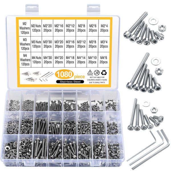 1080pcs Screws Bolts and Nuts and Washers Assortment Set, Metric M4 M3 M2 Stainless Steel Hex Socket Head Cap Screws Kit, Assorted Machine Screws Nuts and Bolts with Washers