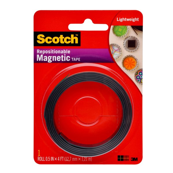 Scotch Magnetic Tape, 1/2 inch x 48 inch (4 Ft), Self-Permanent Adhesive, Cuts Easily With Scissors, Will Not Curl After Mounting, Easy-to-Apply Design (MT004.5S)