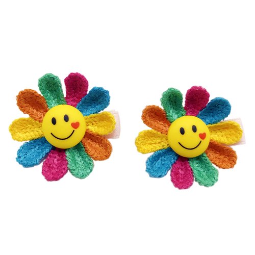 LINAYOHA 2Pcs Smiley Face Sun Flower Hair Clip for Girl Colorful Resin Wreath Crochet SunFlower Hair Barrette Clip Knit Floral Hair Pin for Kid Children Gift for Toddler
