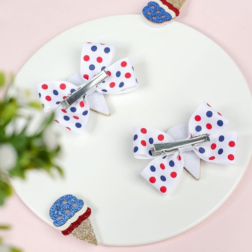 Koolgil 4Th of July Independence Day Amercian Flag Element Hair Clip Double Layer Swallowtail Bowknot Hair Clip and Stripe Stars Hair Clip for Children and Young Women (C-Red White Blue Ice Cream)