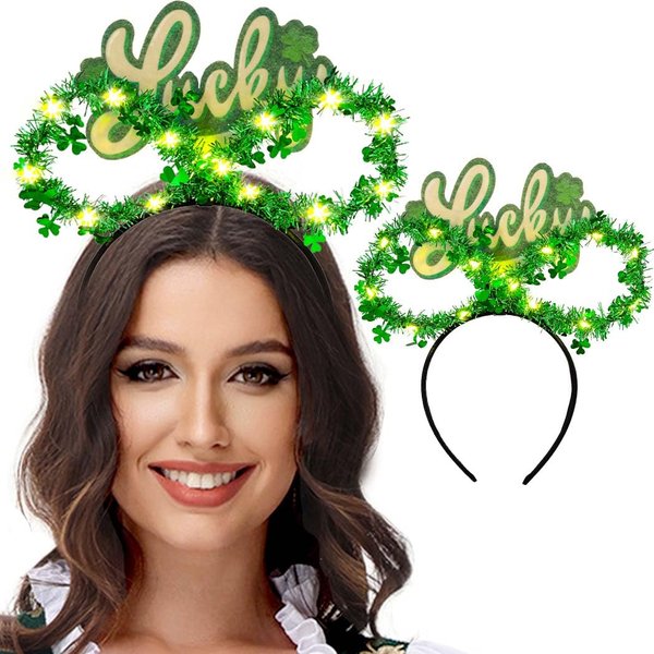 Gangel Light Up St Patricks Day Headbands Green Bow LED Hairband Sparkly Bows Hair Hoop Glitter Shamrock Hair Accessories for Women (B)