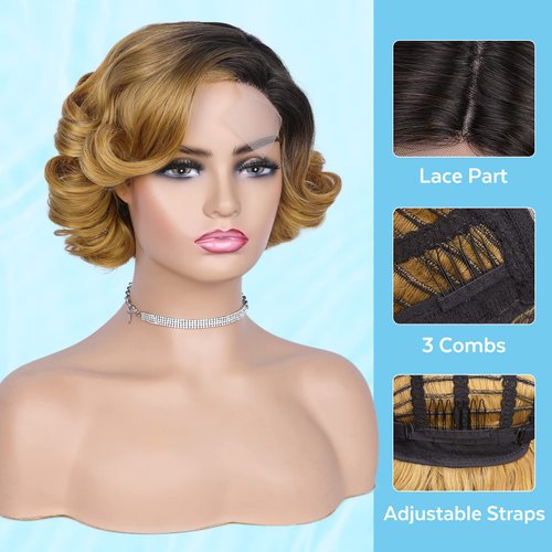 HANNE Short Curly Wigs for Black Women Side Part Ombre color Root Lace Part Short Wigs Curly Heat Resistant Loose Wave Black Women Wigs (Light Brown)