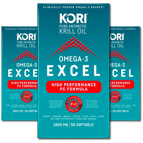 Kori Krill Omega 3 Excel Krill Oil 1000mg Supplements with EPA & DHA, Concentrated Phospholipid Formula for Max Absorption, Clinically Proven & Non-GMO Source, 3 Pack (50 softgels Each)