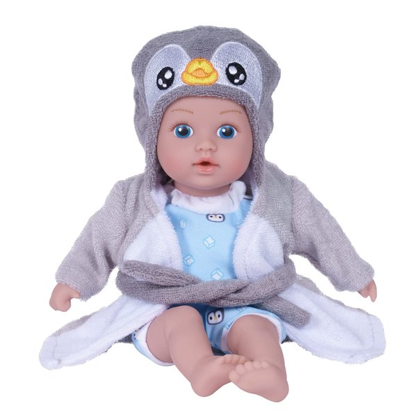 ADORA Bath Time Baby Tots Collection, 8.5" Baby Doll and Clothes Set, Made with Fresh Powder Scent, Machine Washable and Exclusive QuickDri Vinyl Body, Birthday Gift for Ages 1+ - Penguin