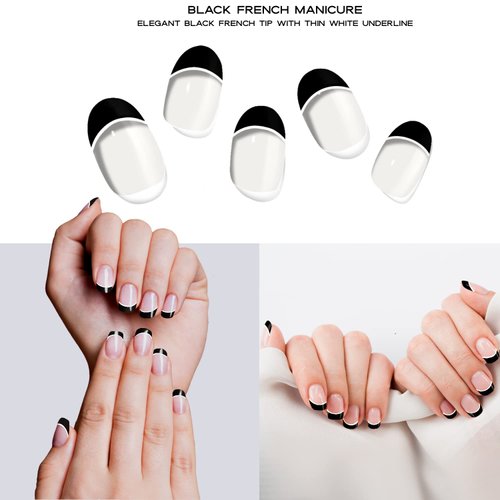 Adora Couture Semi Cured Gel Nail Strips French Tip |20pcs Black French Tip Nails Clear Base French Manicure Strips Nail Wrap Gel Nail Sticker | Gel Nail Stickers with UV Light French Tip (Gotham)