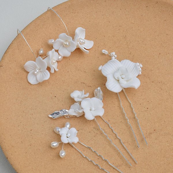 Handmade Ceramic Wedding Hair Pins Set and Pearl Floral Earrings for Brides, Bridesmaids, Women, Bridal Hair Accessories and Drop Earrings Set