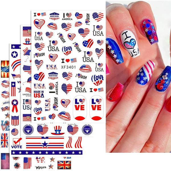 8 Sheets 4th of July Nail Stickers Patriotic Nail Decals 3D Nail Art Stickers Self Adhesive USA American Flag US Heart Star Lips Flame Nail Stickes Memorial Day Independence Day Decorations