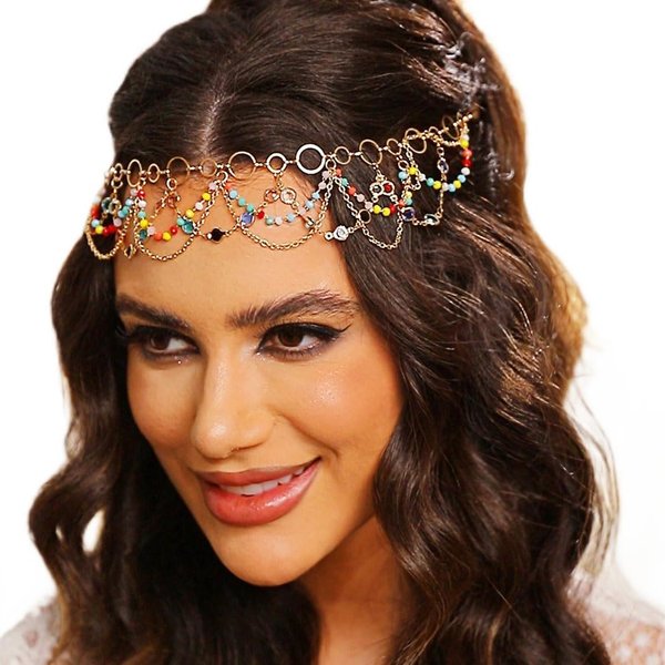 Fashey Boho Headchain Bead Tassels Headbands Gold Forehead Chains Bridal Headpiece Festival Hair Accessories for Women and Girls