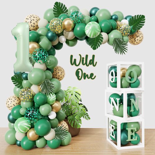Amandir 115PCS Wild One Birthday Decorations Balloon Boxes, Sage Green Gold Balloon Garland Arch Kit Number1 Artificial Leaves for Safari Jungle Theme First 1st Birthday Party Supplies Kids Boy Girl