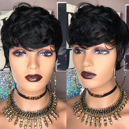 HOTKIS Short Human Hair Wigs for Black Women Pixie Cut Wig Human Hair Short Wigs Human Hair Short Black Wig Natural Hair Short Wavy Wig Layered Cut Short Glueless Pixie Wig with Bangs Short Wig