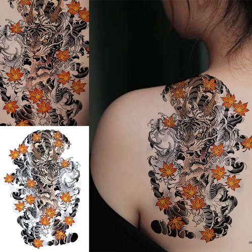 Oottati 6 Sheets Arm Fake Waterproof Temporary Tattoos Stickers Colorful Japanese Prajna Tiger Panda Lotus Koi Carp Samurai