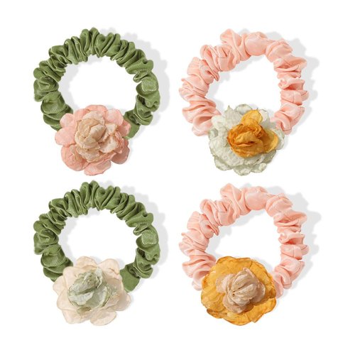 4 Pcs Satin Hair Ties Pink and Green Mini Scrunchy Accessories Cute Flower Soft No Slip Hair Elastics Ponytail Holder for Women and Girls MGPFERD