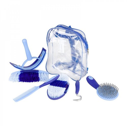 HORZE 6-Piece Easy Clean Horse Grooming Set with Convenient Storage Bag - Blue/Light Blue - One Size