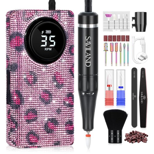 SAVILAND Professional Nail Drill for Nails Tech: Charming Pink Leopard Print 35000RPM Electric Acrylic Nail Drill Kit with 13 Drill Bits Rechargeable E-File Machine Expert Manicure Pedicure Salon Use