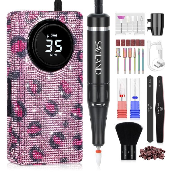 SAVILAND Professional Nail Drill for Nails Tech: Charming Pink Leopard Print 35000RPM Electric Acrylic Nail Drill Kit with 13 Drill Bits Rechargeable E-File Machine Expert Manicure Pedicure Salon Use
