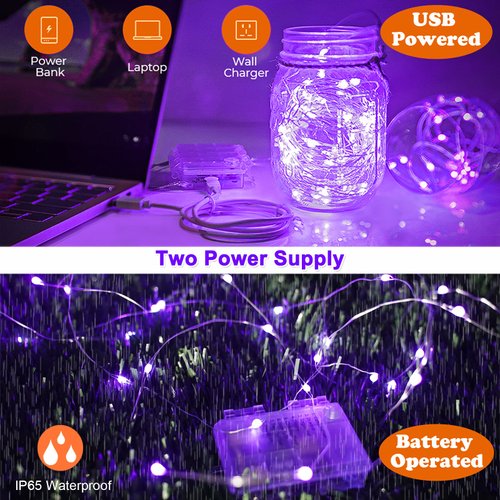 2 Pack Battery Operated UV Blacklight, 16.4ft 2835 LED UV Lamp Beads 8 Modes Flexible Black Lights Fixtures Fairy String Lights with Remote for Fluorescent Party Stage Body Paint Halloween Décor