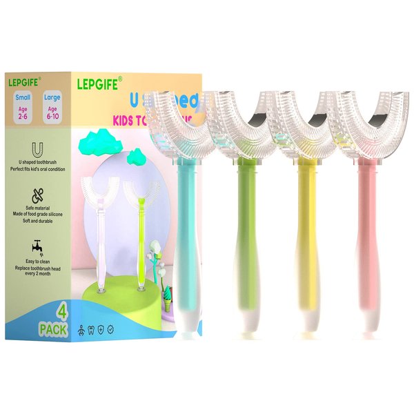 LEPGIFE U Shaped Kids Toothbrush 4 Pack, Fanttmon U-Type Whole Mouth Toothbrush for Kids (Age 2-6)