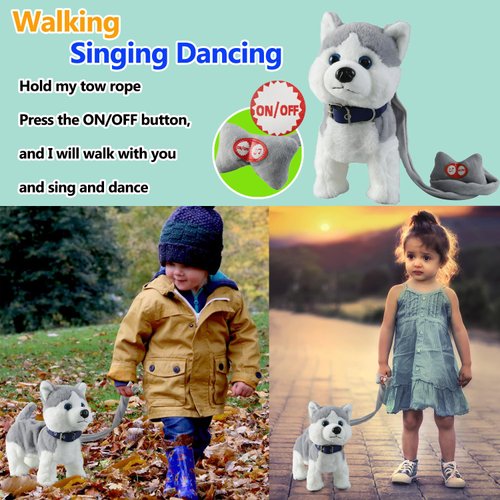 Husky Walking Barking Toy, Musical Singing Dancing Puppy, Volume Control Interactive, Wagging Tail Shaking Head, Robot Dog Plush Stuffed Animal for Kid