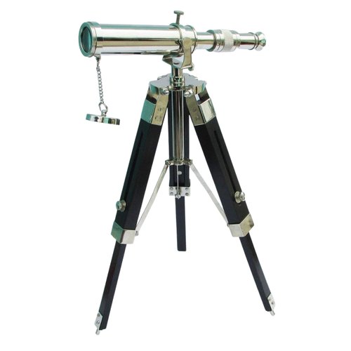ECTORIA Nautical Collectible Silver Brass Handmade 10" Telescope with Black Wooden Tripod Stand Nautical Gift.