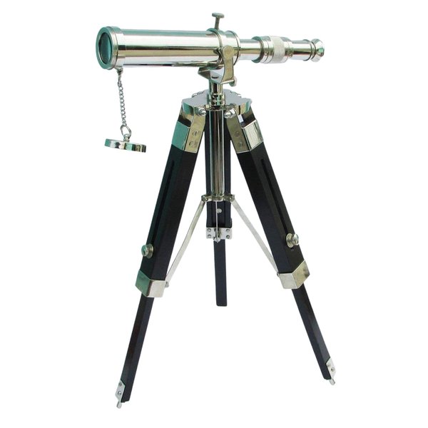 ECTORIA Nautical Collectible Silver Brass Handmade 10" Telescope with Black Wooden Tripod Stand Nautical Gift.