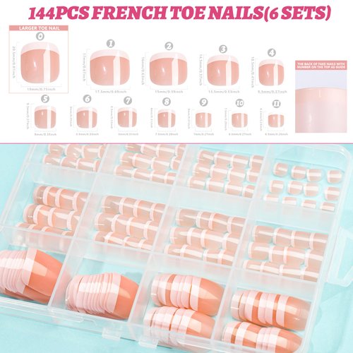 Teenitor 144pcs French Tip Press on Toenails with Nail Glue Set, 6 Sets Toe Nail Press Ons for Women, Fake Toe Nails Press on Toes Nails Glue on, Fake Toenails