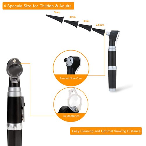 Otoscope Kit,Professional Diagnostic Ear Care Tool with 3.0V LED Bulb, 3X Magnification, 4 Speculum Tips Size - for Children, Adults, Pets, etc.
