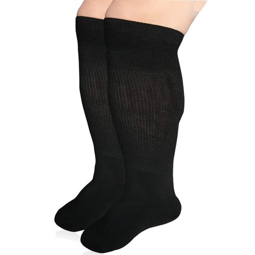 Extra Width Diabetic Socks for Lymphedema, Bariatric Non Binding Knee High Sock for Swollen Edema Cast Feet Mens and Womens Legs, Slouch Boot Socks 2 Pairs