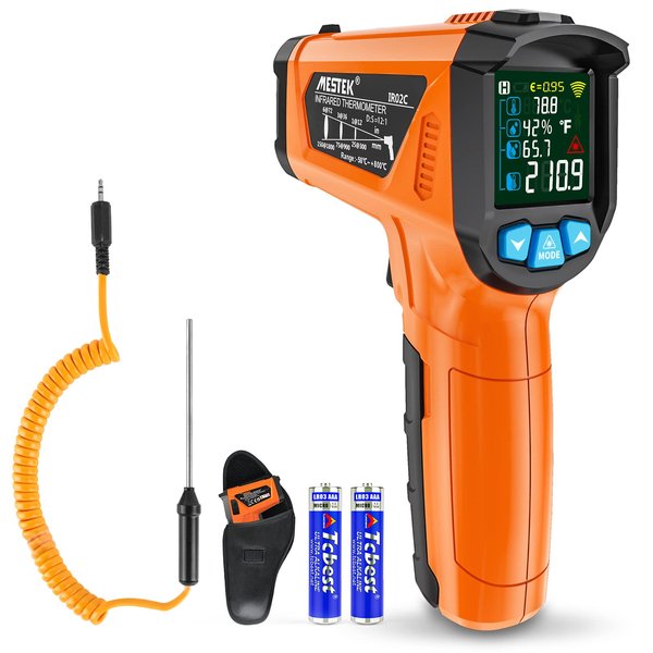 MESTEK Infrared ThermometerTemperature Gun with K Probe Digital Laser IR Thermometetr Temp Gun -58℉~1472℉ Color LCD Screen Alarm Function Adjustable Emissivity for Cooking Grill Pizza Oven