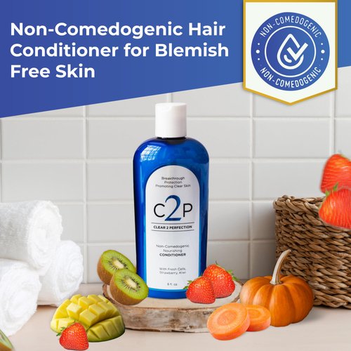 Non-Comedogenic Hair Conditioner for Blemish Free Skin by Clear 2 Perfection with Fresh Cells Strawberry and Kiwi Suspensions. Hair Conditioner for Acne. Made in USA
