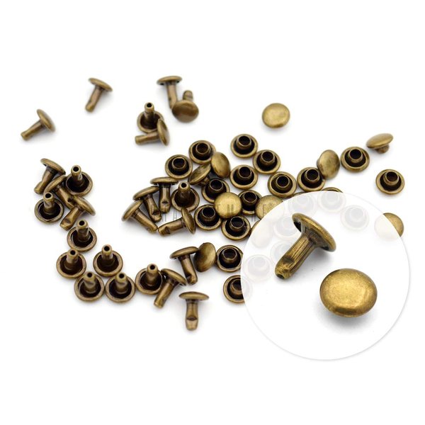 CRAFTMEMORE 100 Sets Double Cap Rivets Leather Rivet Tubular Metal Rapid Rivet Studs for Leather Craft VTDC (4 mm Cap, Antique Brass)