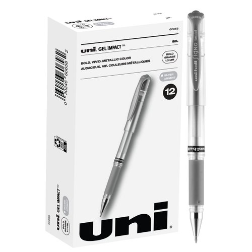 Uniball Signo 207 Gel Impact Stick Gel Pen, 12 Silver Metallic Pens, 1.0mm Bold Point Gel Pens| Office Supplies, Ink Pens, Colored Pens, Fine Point, Smooth Writing Pens, Ballpoint Pens